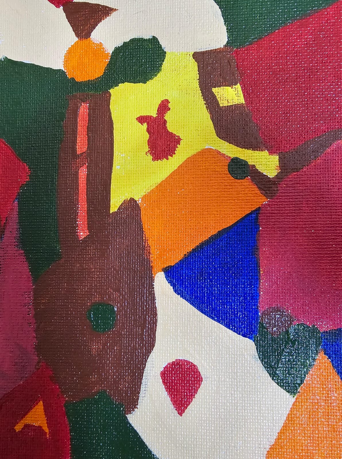 Geometric acrylic painting on canvas in crimson, ochre, cobalt and forest green