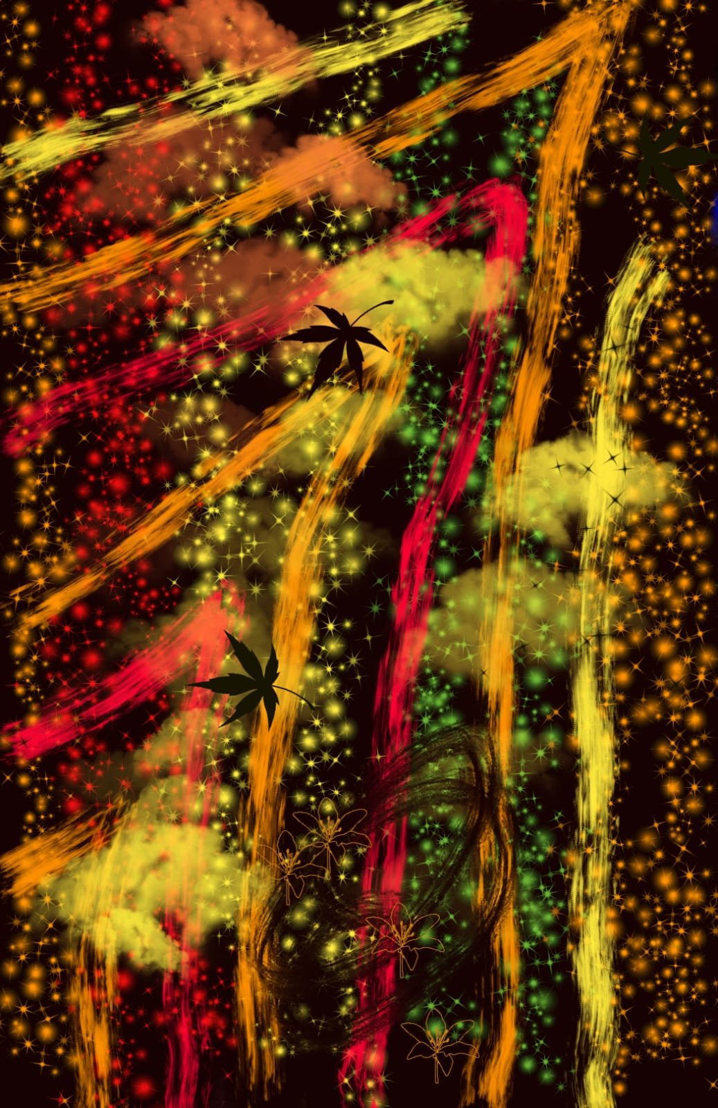 Abstract painting of sparks, drifting light and falling maple leaves on a black field
