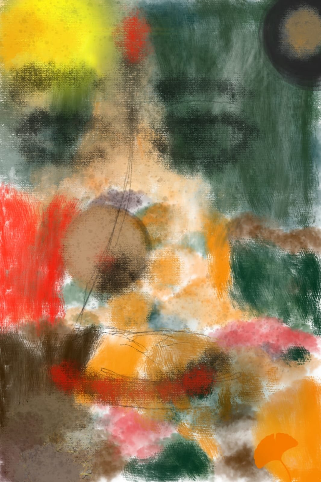 Soft abstract painting in deep green, ochre and red, a still life dissolving into texture