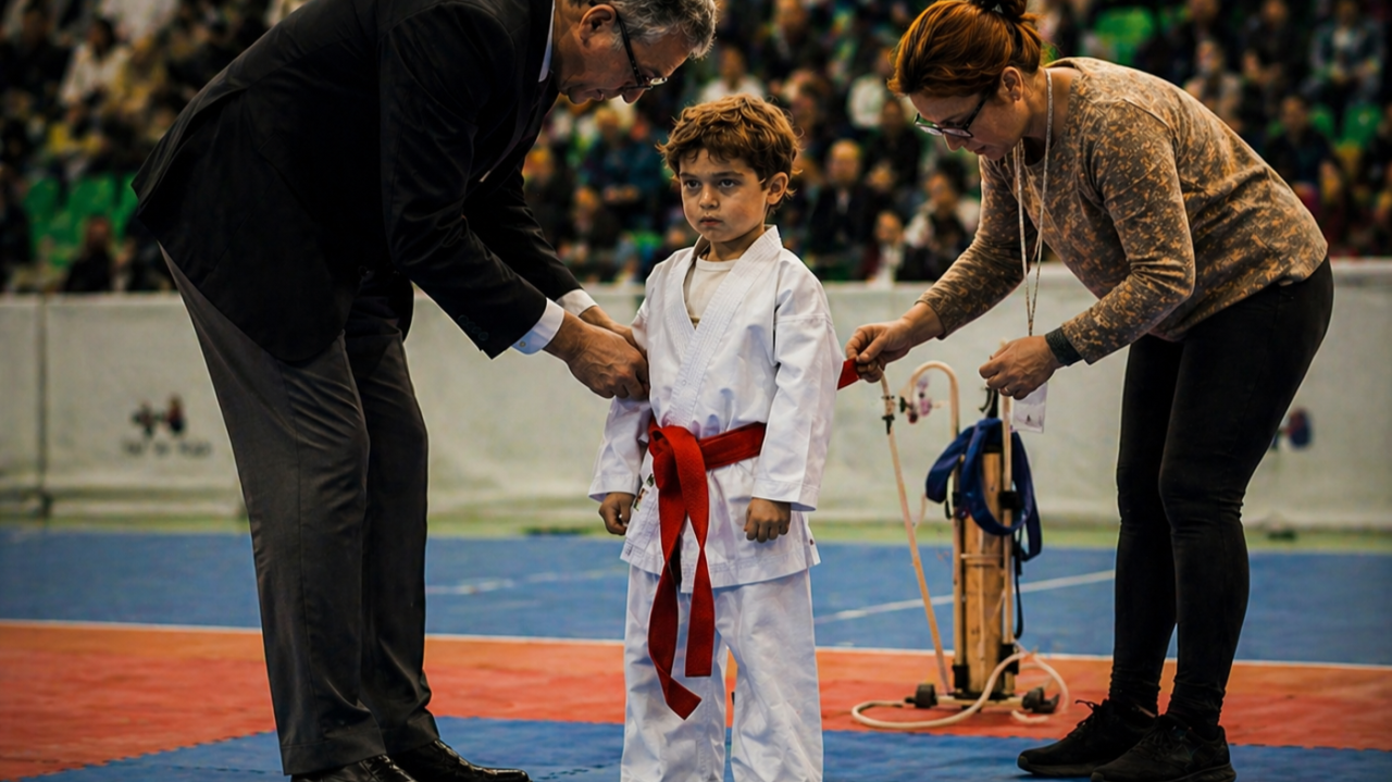 A small child in a white gi standing still on a competition mat while two officials tie his red belt