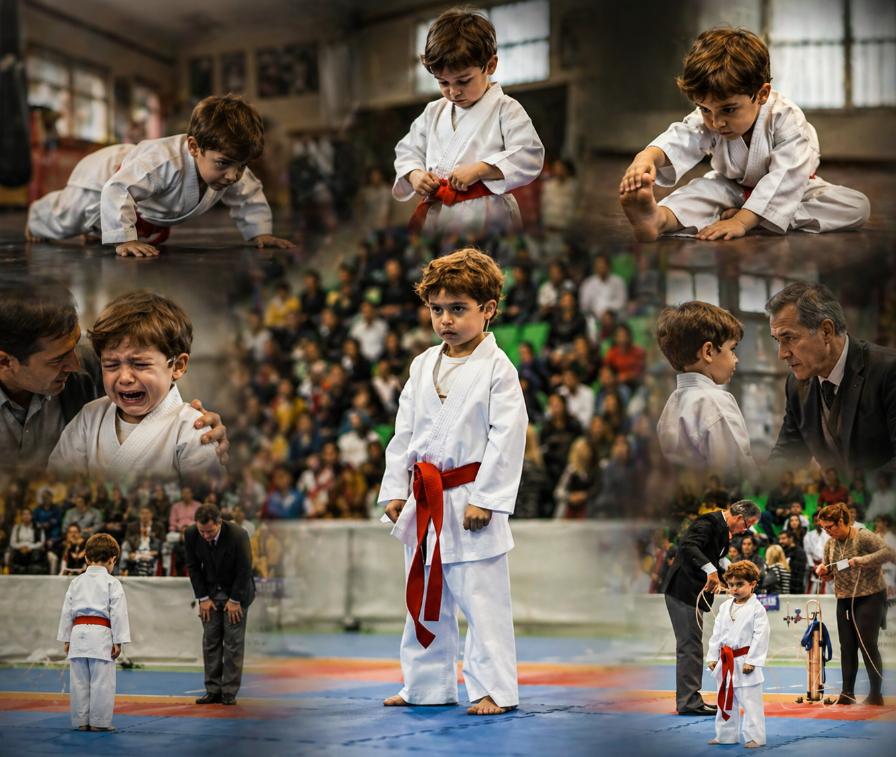 A grid of moments from training: push-ups, tying the belt, tears, and standing composed on the mat