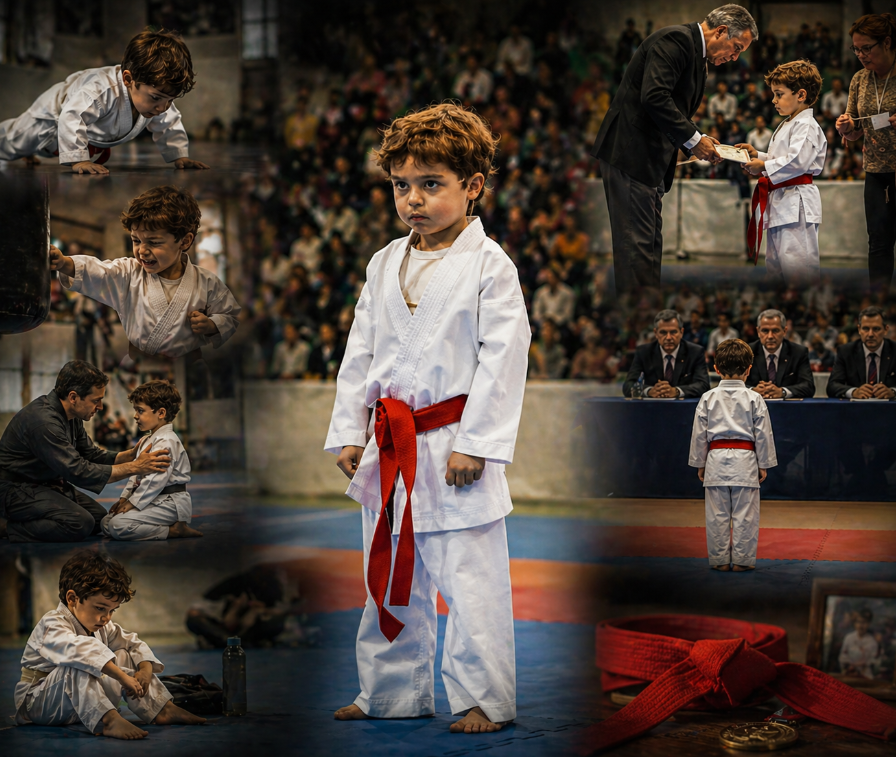 Frames of the young competitor training, falling and standing his ground