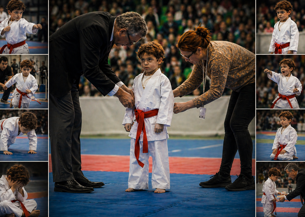 The central photograph flanked by smaller frames of the same child training and competing