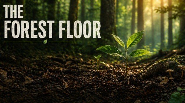 A seedling growing out of the dark floor of an ancient forest