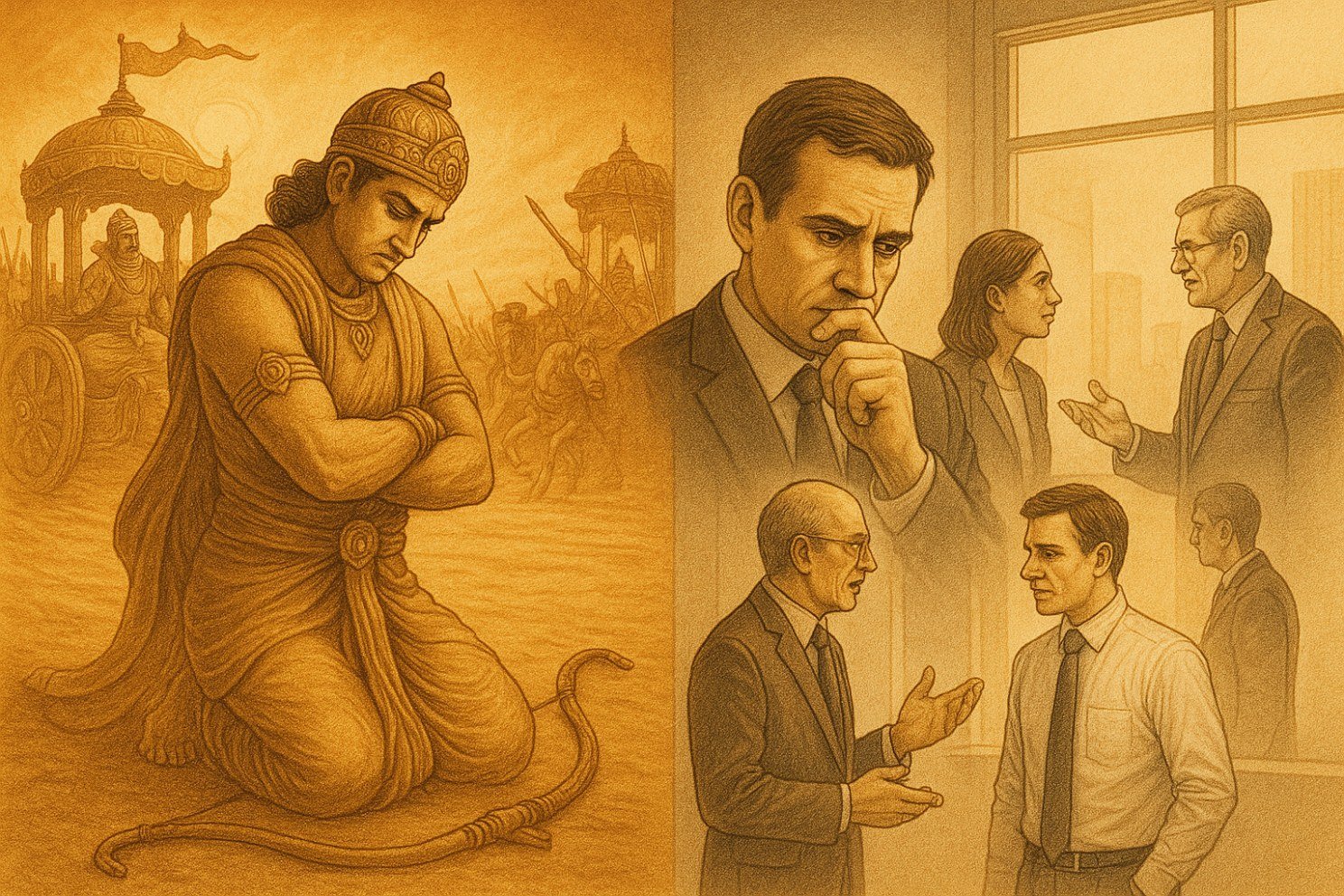 Illustration of Arjun's moral dilemma on the battlefield