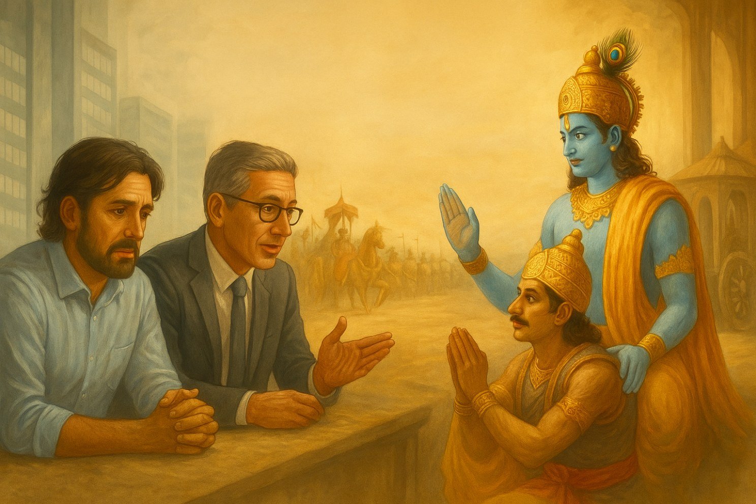 Illustration of the dialogue between Krishna and Arjuna
